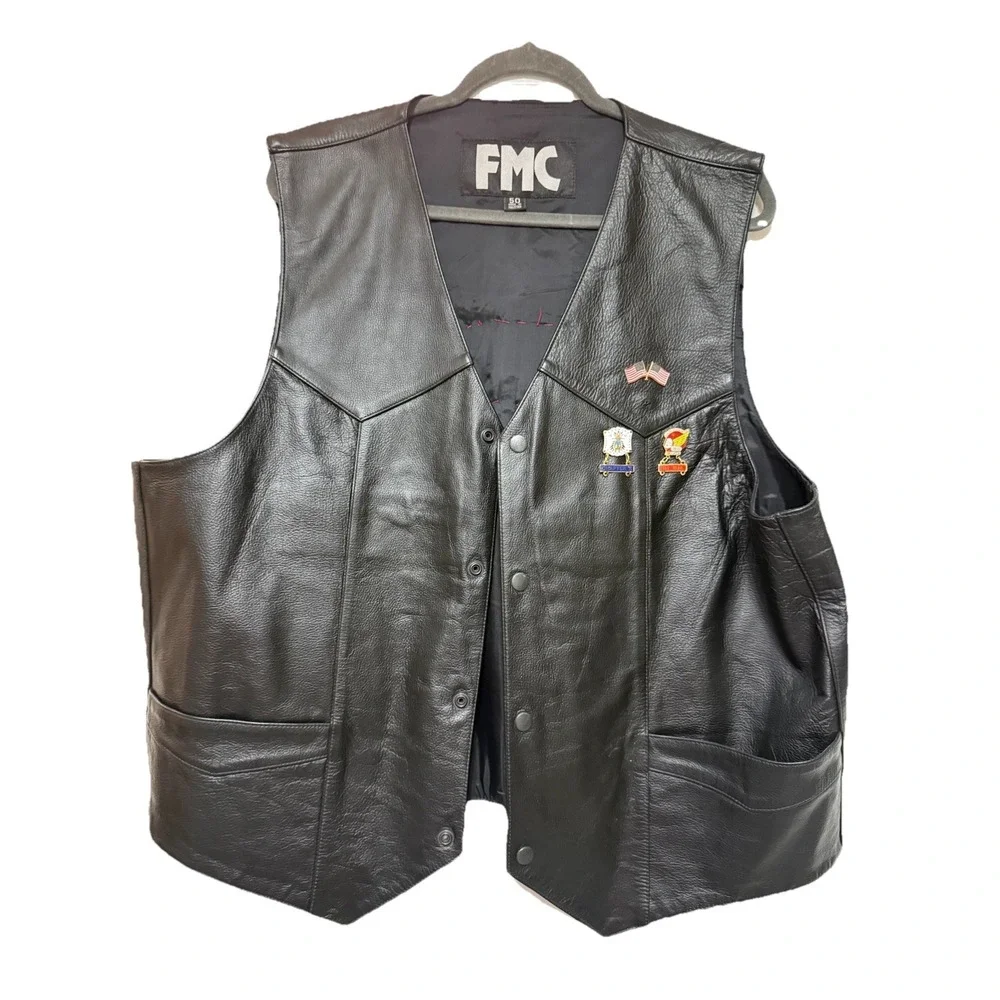FMC‎ Genuine Leather Biker Vest Size 50 Black Embroidered Veteran's Pins